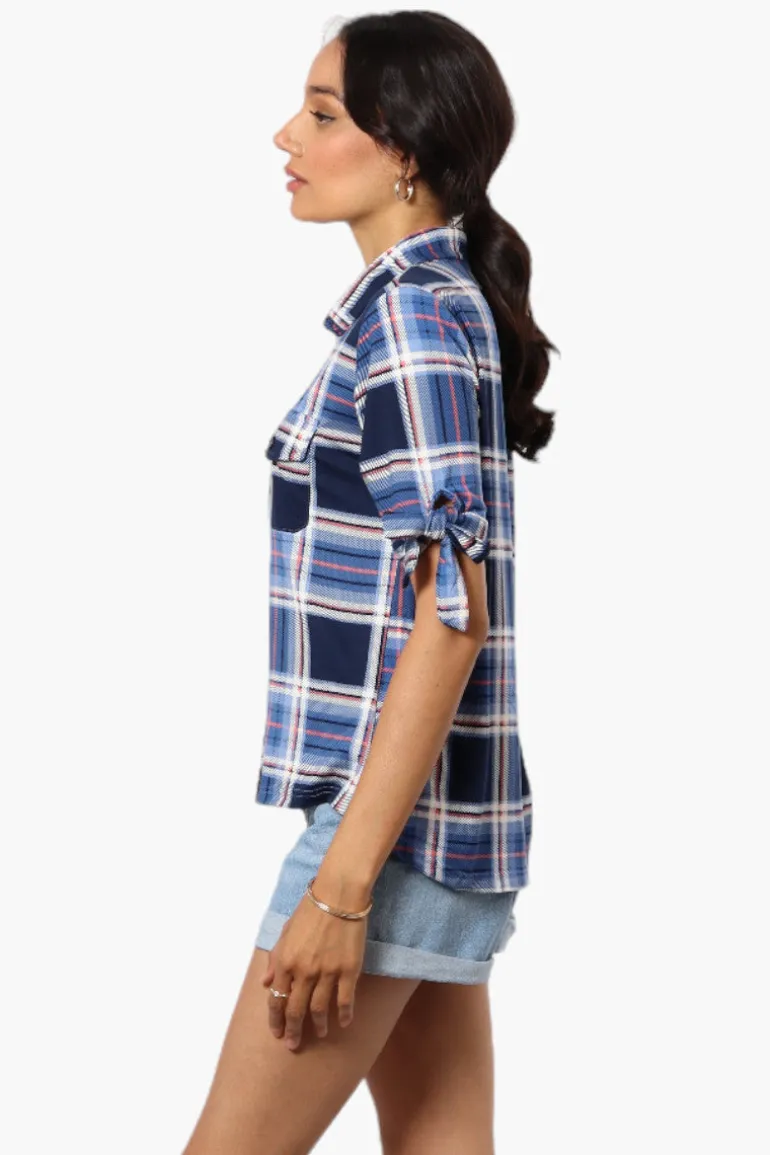Urbanology Plaid Tie Sleeve Shirt - Blue