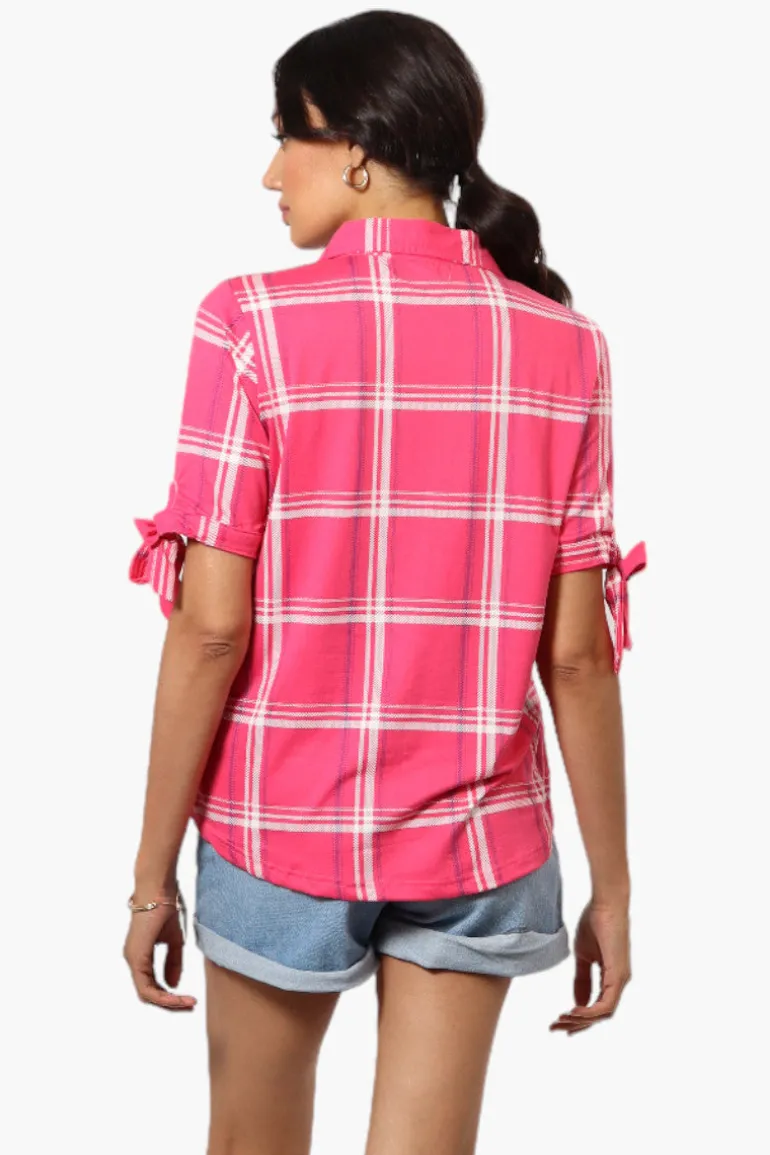 Urbanology Plaid Tie Sleeve Shirt - Pink