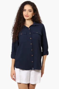 Urbanology Roll Up Sleeve Button Down Shirt - Navy