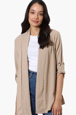 Urbanology Roll Up Sleeve Open Wrap Cardigan - Beige