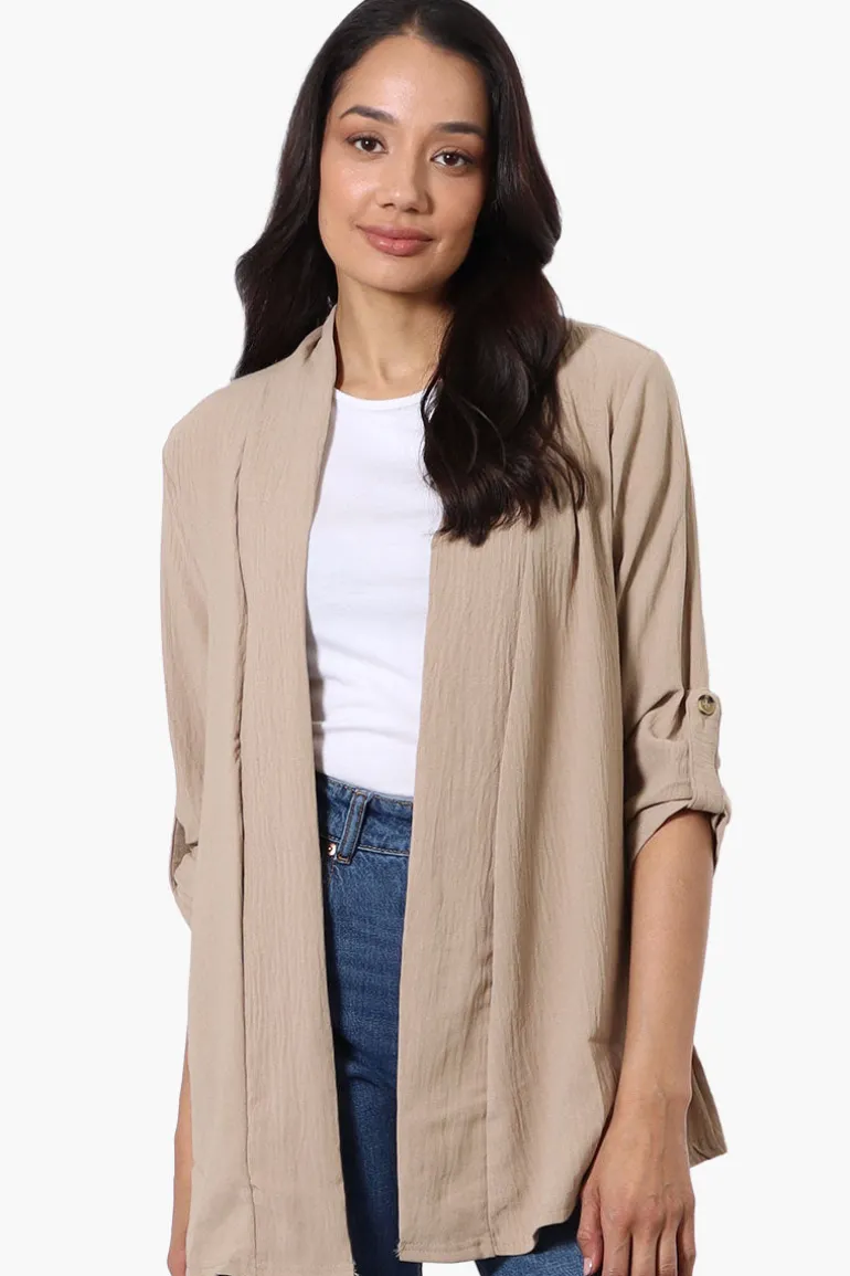 Urbanology Roll Up Sleeve Open Wrap Cardigan - Beige