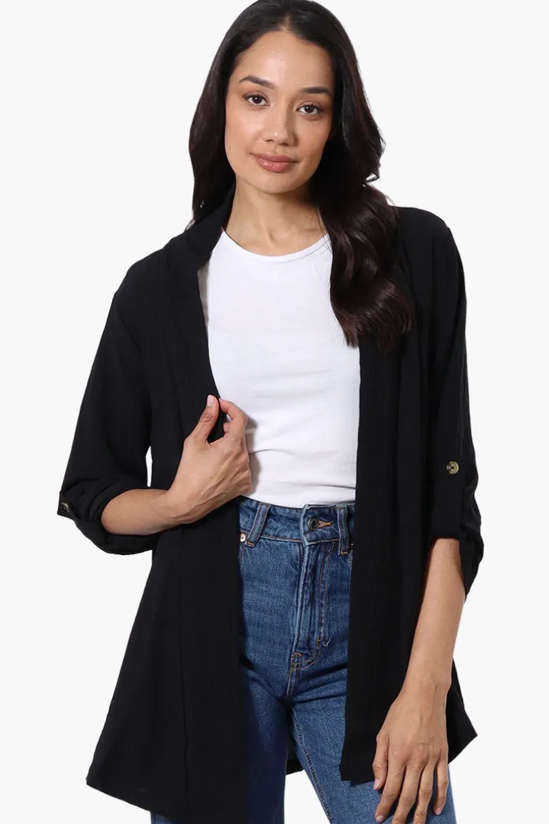 Urbanology Roll Up Sleeve Open Wrap Cardigan - Black
