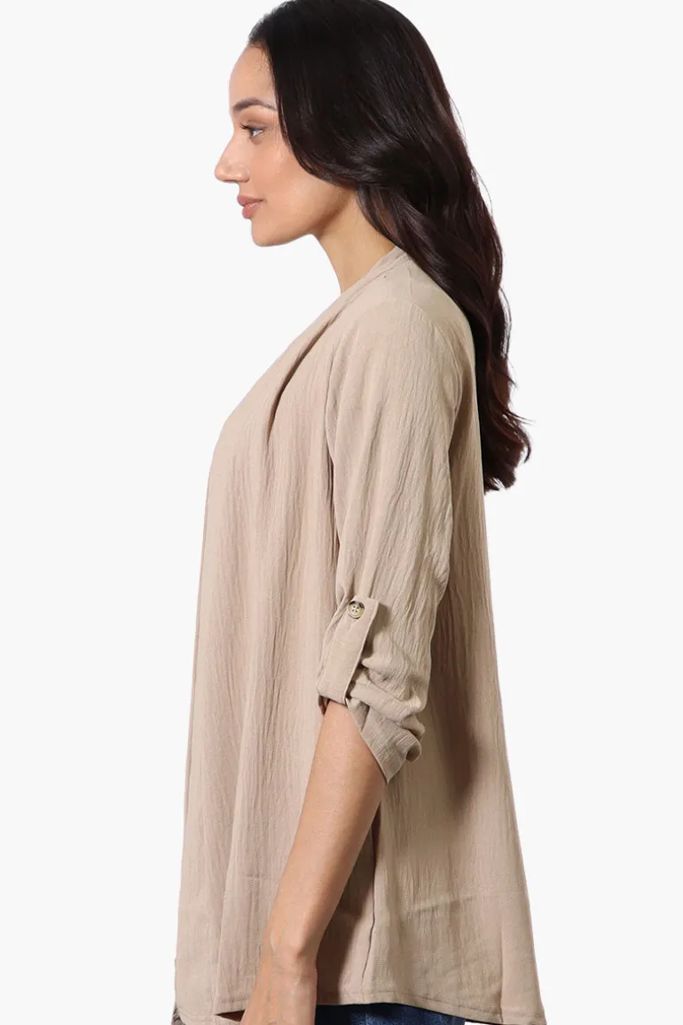 Urbanology Roll Up Sleeve Open Wrap Cardigan - Beige