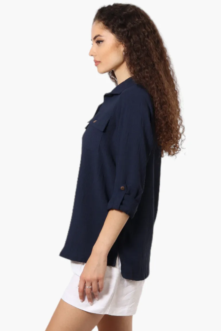 Urbanology Roll Up Sleeve Button Down Shirt - Navy