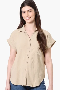Urbanology Short Sleeve Button Down Shirt - Beige