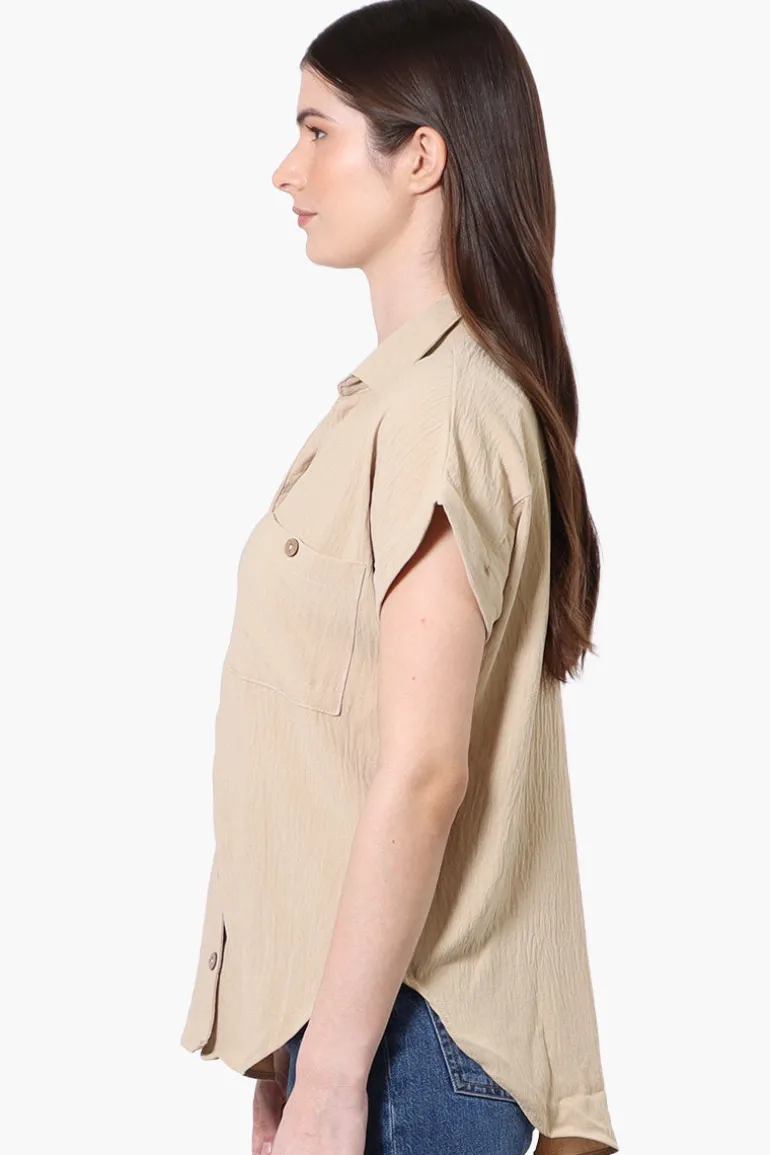 Urbanology Short Sleeve Button Down Shirt - Beige