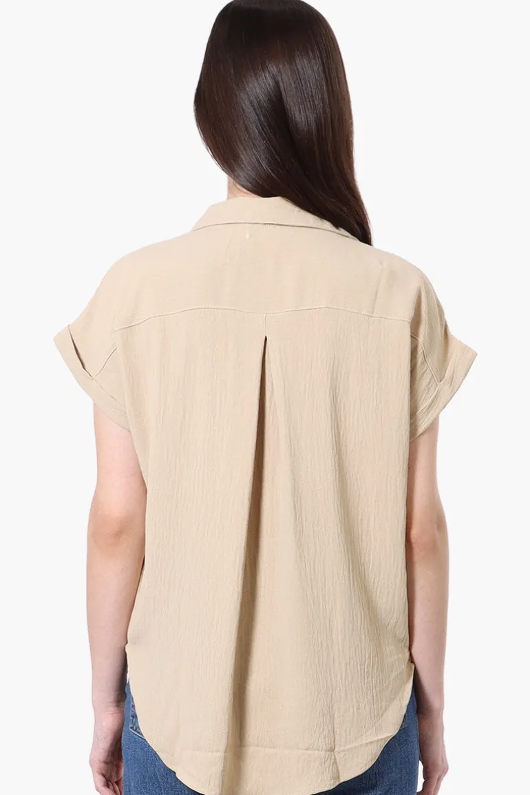 Urbanology Short Sleeve Button Down Shirt - Beige