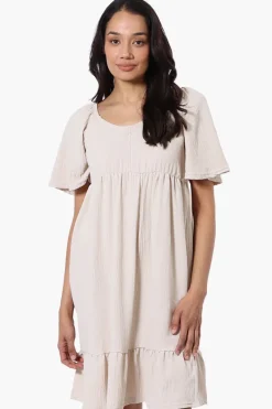 Urbanology Short Sleeve Smock Back Day Dress - Cream