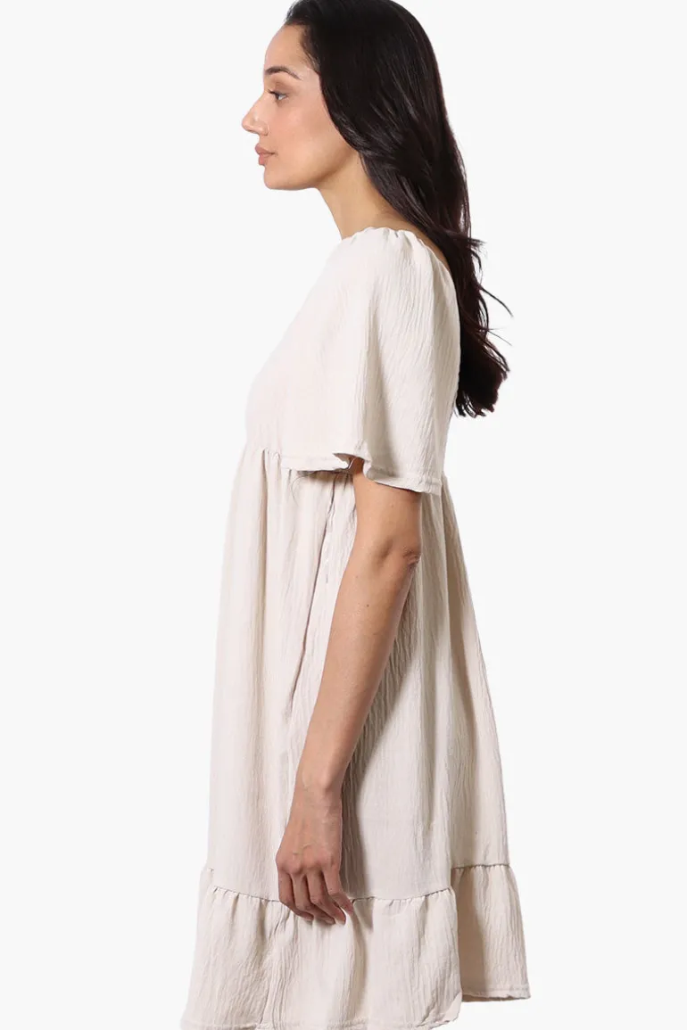 Urbanology Short Sleeve Smock Back Day Dress - Cream