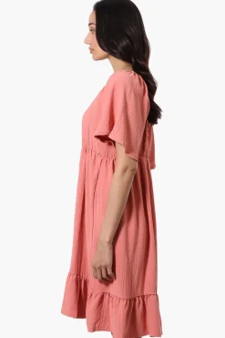 Urbanology Short Sleeve Smock Back Day Dress - Coral