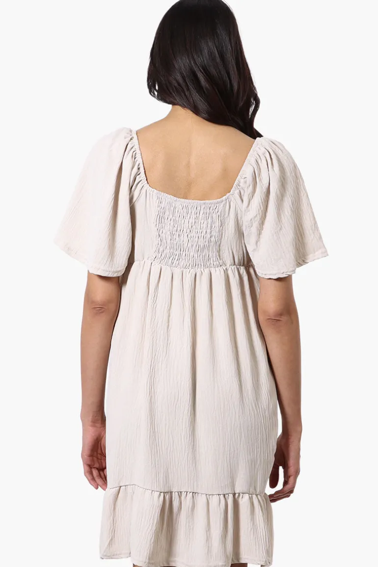 Urbanology Short Sleeve Smock Back Day Dress - Cream