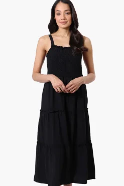 Urbanology Smocked Tiered Maxi Dress - Black