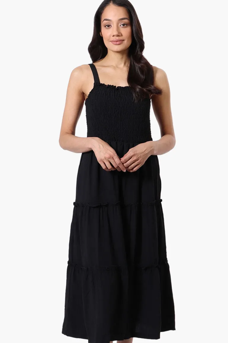 Urbanology Smocked Tiered Maxi Dress - Black