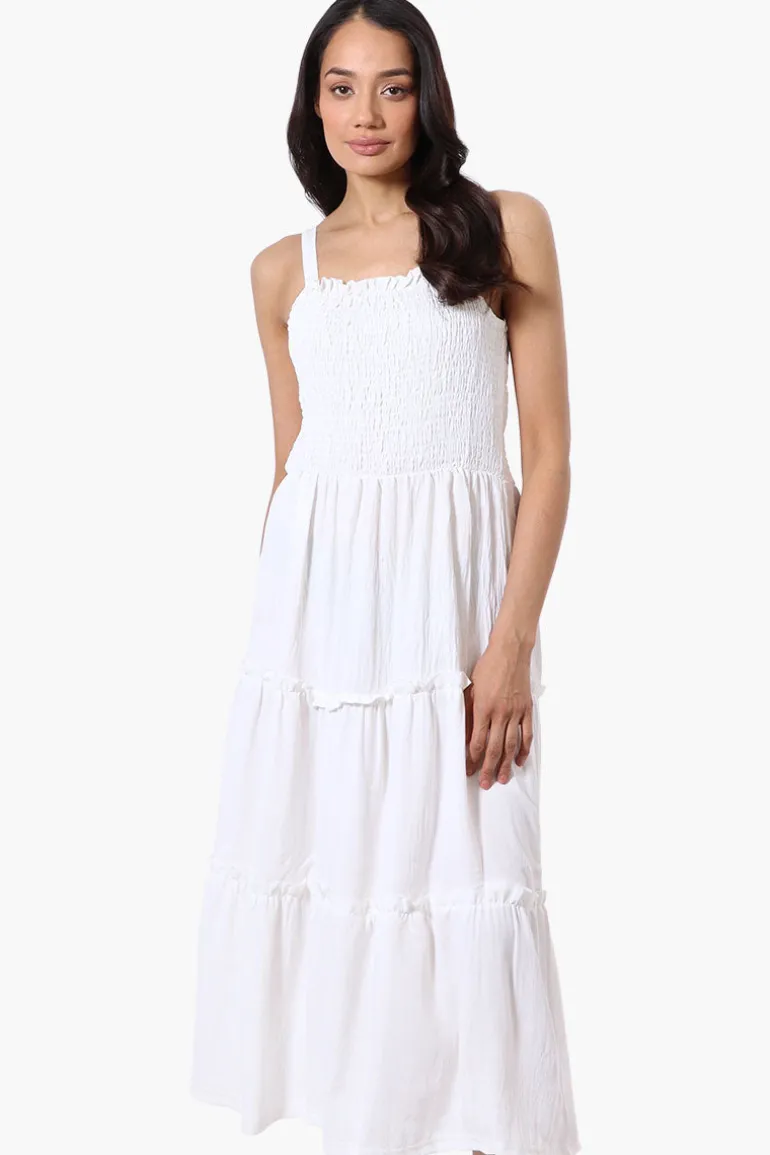 Urbanology Smocked Tiered Maxi Dress - White