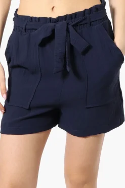 Urbanology Solid Belted Shorts - Navy
