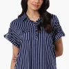 Urbanology Striped Button Down Short Sleeve Shirt - Navy
