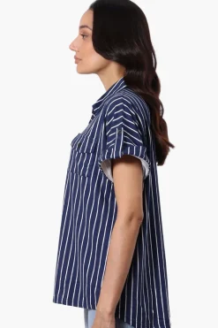 Urbanology Striped Button Down Short Sleeve Shirt - Navy
