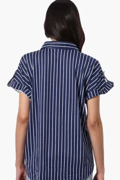 Urbanology Striped Button Down Short Sleeve Shirt - Navy