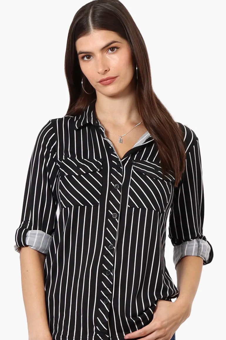 Urbanology Striped Roll Up Sleeve Button Up Shirt - Black