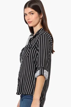 Urbanology Striped Roll Up Sleeve Button Up Shirt - Black