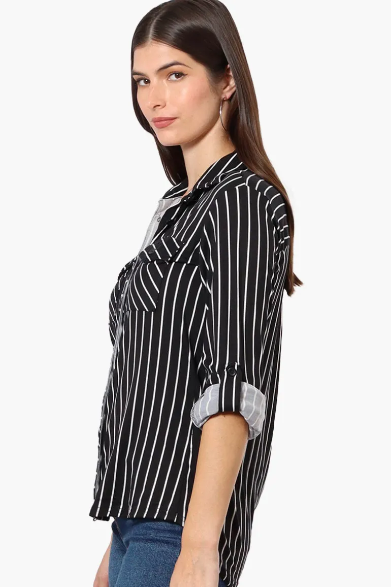 Urbanology Striped Roll Up Sleeve Button Up Shirt - Black