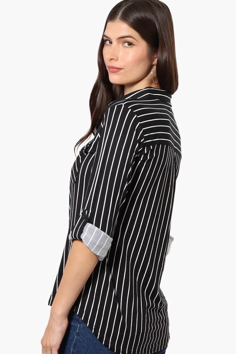 Urbanology Striped Roll Up Sleeve Button Up Shirt - Black