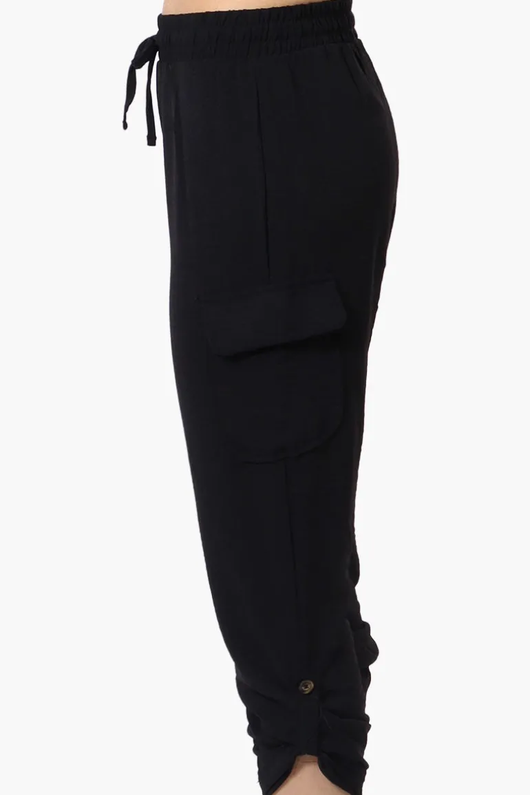 Urbanology Tie Waist Cargo Pocket Pants - Black
