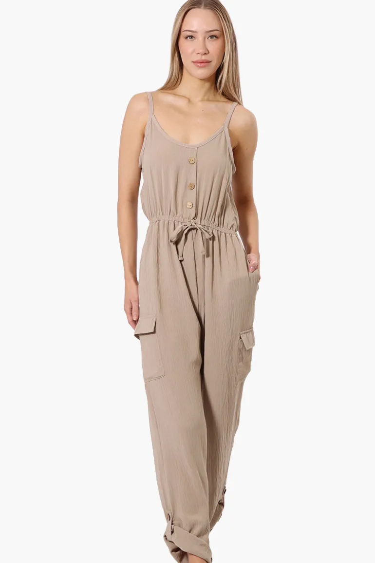 Urbanology Tie Waist Sleeveless Cargo Jumpsuit - Beige
