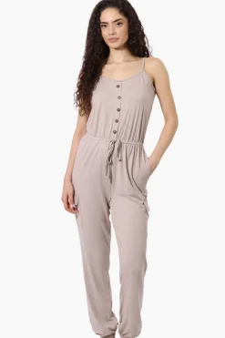 Urbanology Tie Waist Sleeveless Cargo Jumpsuit - Beige
