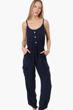 Urbanology Tie Waist Sleeveless Cargo Jumpsuit - Navy