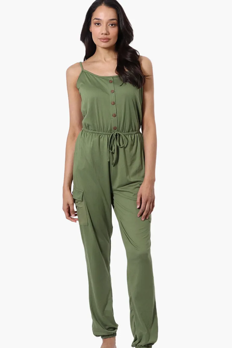 Urbanology Tie Waist Sleeveless Cargo Jumpsuit - Olive