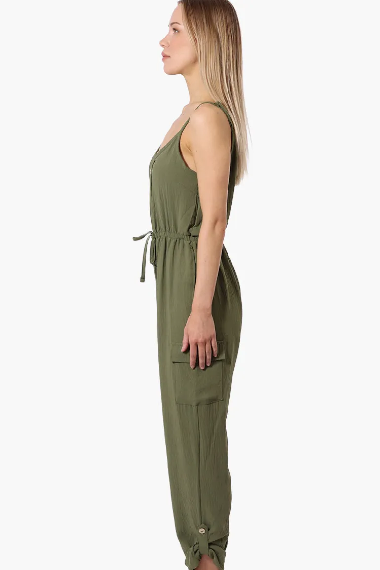 Urbanology Tie Waist Sleeveless Cargo Jumpsuit - Olive