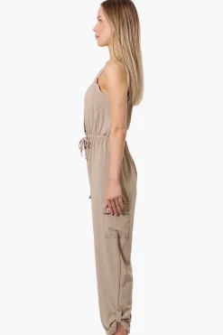 Urbanology Tie Waist Sleeveless Cargo Jumpsuit - Beige