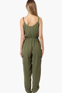 Urbanology Tie Waist Sleeveless Cargo Jumpsuit - Olive