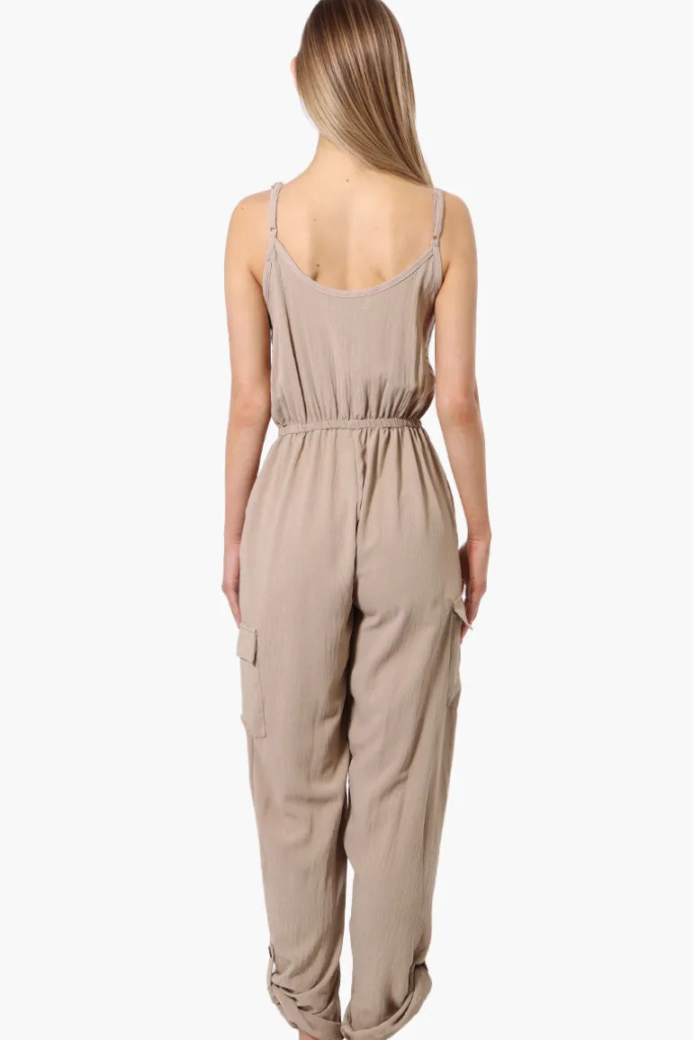 Urbanology Tie Waist Sleeveless Cargo Jumpsuit - Beige