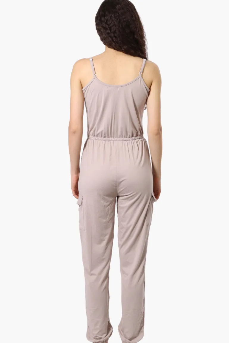 Urbanology Tie Waist Sleeveless Cargo Jumpsuit - Beige