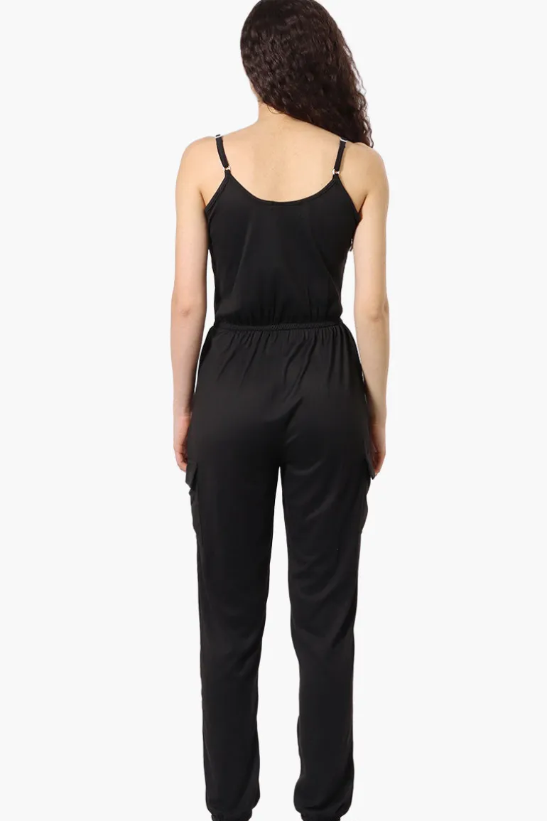 Urbanology Tie Waist Sleeveless Cargo Jumpsuit - Black