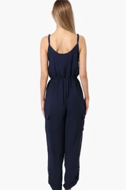 Urbanology Tie Waist Sleeveless Cargo Jumpsuit - Navy